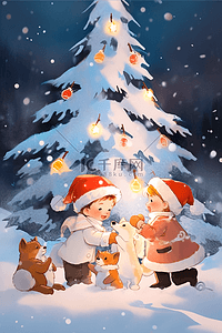 可爱的小猫小狗插画图片_海报圣诞节孩子和小动物一起堆雪人手绘插画