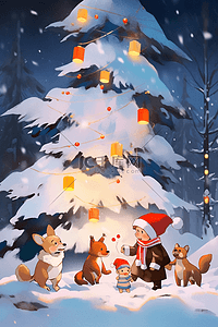 可爱的小猫小狗插画图片_孩子和小动物一起堆雪人手绘圣诞节插画