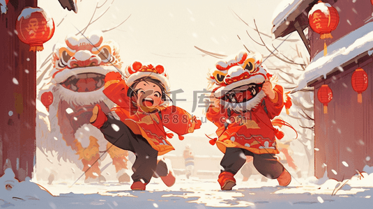 中国风卡通新年舞狮喜庆雪景插画春节