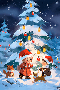 圣诞节一起堆雪人孩子和小动物手绘插画