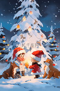 圣诞节孩子和小动物一起堆雪人手绘插画