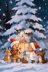 插画圣诞节孩子和小动物一起堆雪人手绘