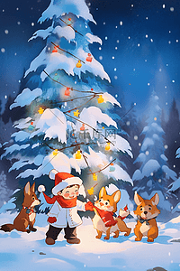 可爱的小猫小狗插画图片_手绘插画圣诞节孩子和小动物一起堆雪人