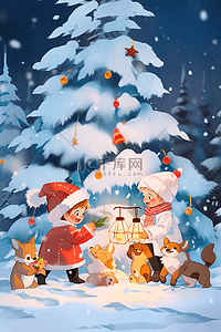 可爱的小猫小狗插画图片_孩子和小动物一起堆雪人手绘插画圣诞节
