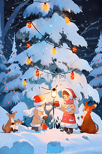 可爱的小猫小狗插画图片_插画圣诞节手绘孩子和小动物一起堆雪人