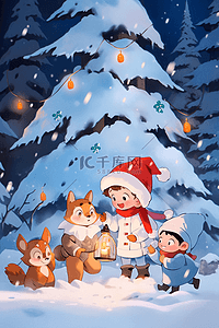 小猫小狗插画图片_孩子和小动物圣诞节一起堆雪人手绘插画
