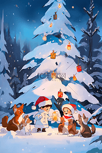 可爱的小猫小狗插画图片_圣诞节孩子和小动物一起堆雪人海报手绘插画