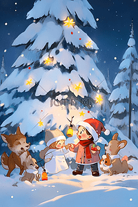 可爱的小猫小狗插画图片_圣诞节插画孩子和小动物一起堆雪人手绘