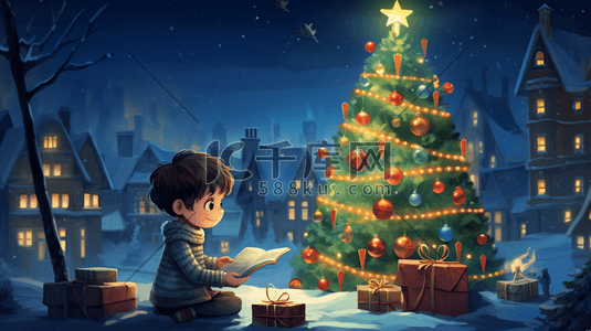 圣诞节的夜晚读书收礼物插画9