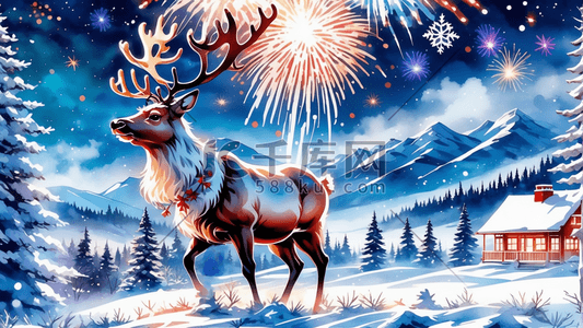 驯鹿插画图片_水彩圣诞小屋驯鹿烟花圣诞树过年