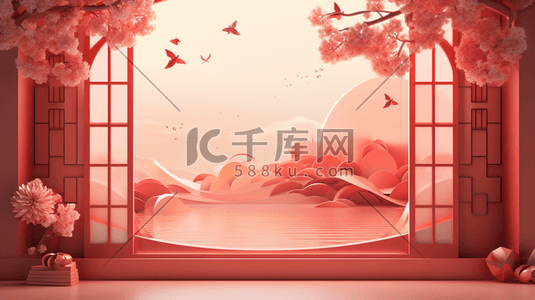 日系风边框插画图片_红色中国风边框花艺唯美插画10
