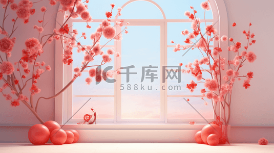 红色中国风边框花艺唯美插画8