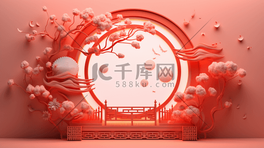 中国风边框国风插画图片_红色中国风边框花艺唯美插画18