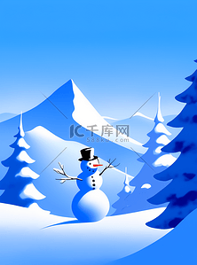 圣诞树冬天雪景雪人风景极简插画雪山