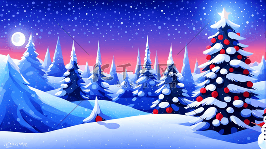 极简风景插画图片_圣诞树冬天雪景雪人风景极简插画雪山