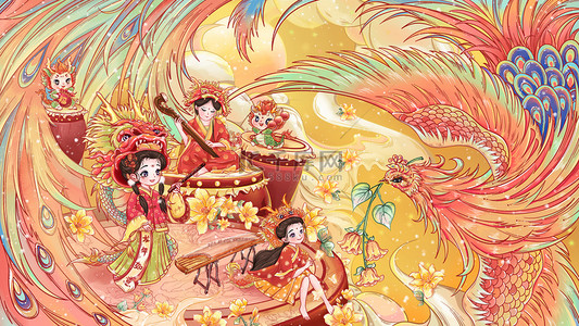 新春迎新春插画图片_龙年春节新年凤凰衔花女孩奏乐迎新春