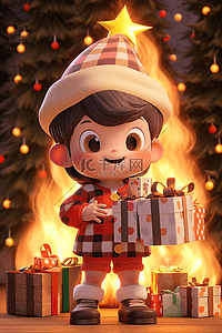 可爱男孩圣诞节礼盒3d立体插画