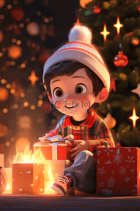 小可爱插画图片_可爱男孩礼盒圣诞节3d立体插画