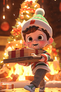 小可爱插画图片_圣诞节可爱男孩礼盒立体插画3d