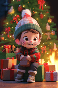 圣诞节立体可爱男孩礼盒3d插画