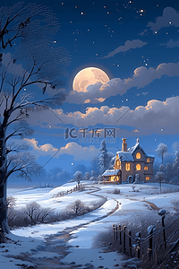 冬天夜晚的房子插画图片_冬天雪景唯美夜晚海报插画