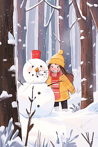 冬天女孩唯美插画堆雪人卡通海报