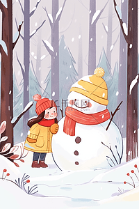 冬天唯美插画堆雪人女孩卡通海报
