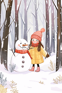 冬天唯美插画女孩堆雪人卡通海报