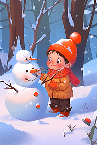 冬天男孩雪人手绘插画卡通