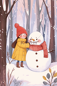 海报冬天唯美插画女孩堆雪人卡通