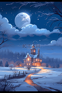 冬天夜晚的房子插画图片_冬天唯美夜晚海报插画雪景