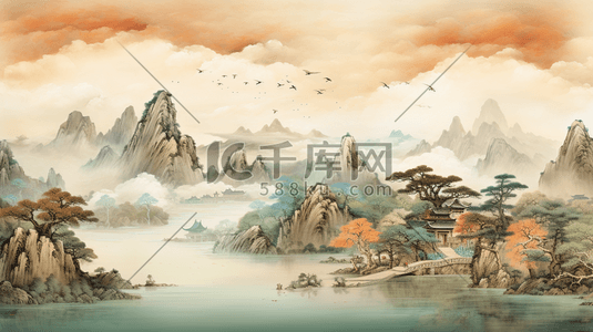 黄色中国风山水风景插画18