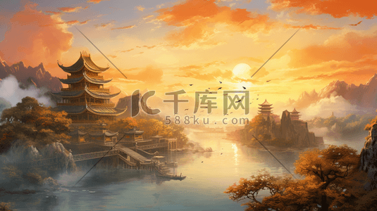 黄色中国风山水风景插画15