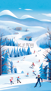 海报冬天滑雪场插画滑雪玩耍手绘