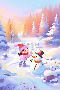 可爱冬天插画图片_冬天手绘插画孩子溪边堆雪人