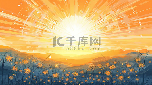 橙色太阳太阳插画图片_日出时射线橙色天空2