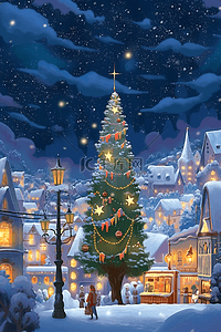 圣诞海报绿色插画图片_童话圣诞节小镇插画海报