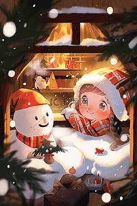 屋内插画图片_可爱女孩圣诞节圣诞屋卡通手绘插画
