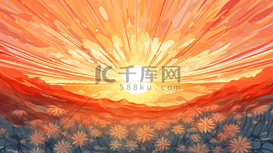 橙色太阳太阳插画图片_日出时射线橙色天空5