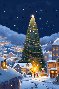 圣诞海报绿色插画图片_海报圣诞节小镇童话插画