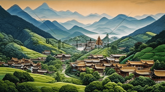 绿色青山插画图片_青山小村庄插画自然风景景色