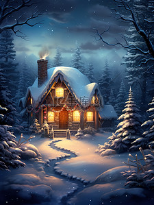 冬天森林温暖舒适的小屋1