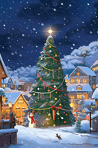 圣诞节童话小镇插画海报