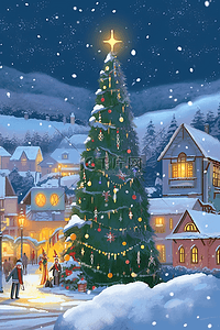 圣诞海报绿色插画图片_插画圣诞节海报童话小镇
