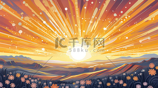 橙色太阳太阳插画图片_日出时射线橙色天空14