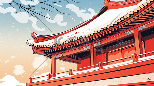屋檐积雪插画图片_中国古代宫殿屋檐一角的特写11