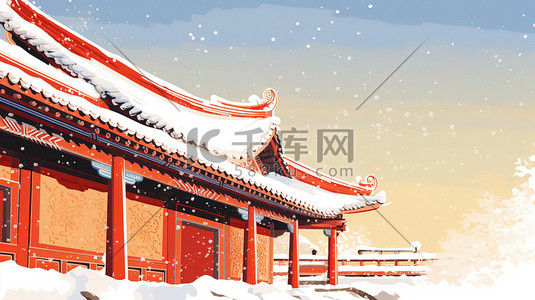 屋檐积雪插画图片_中国古代宫殿屋檐一角的特写9