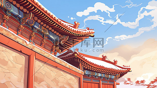 屋檐积雪插画图片_中国古代宫殿屋檐一角的特写15