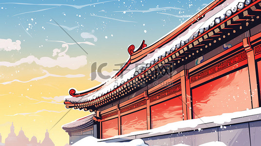 屋檐积雪插画图片_中国古代宫殿屋檐一角的特写19