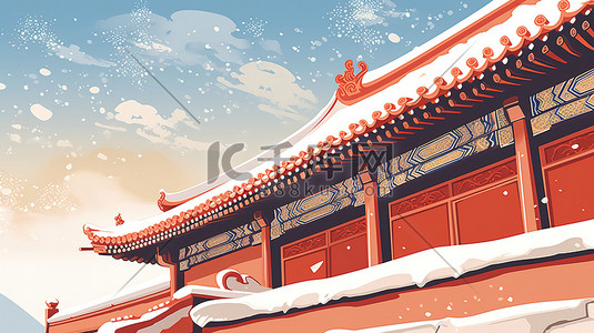 屋檐积雪插画图片_中国古代宫殿屋檐一角的特写20
